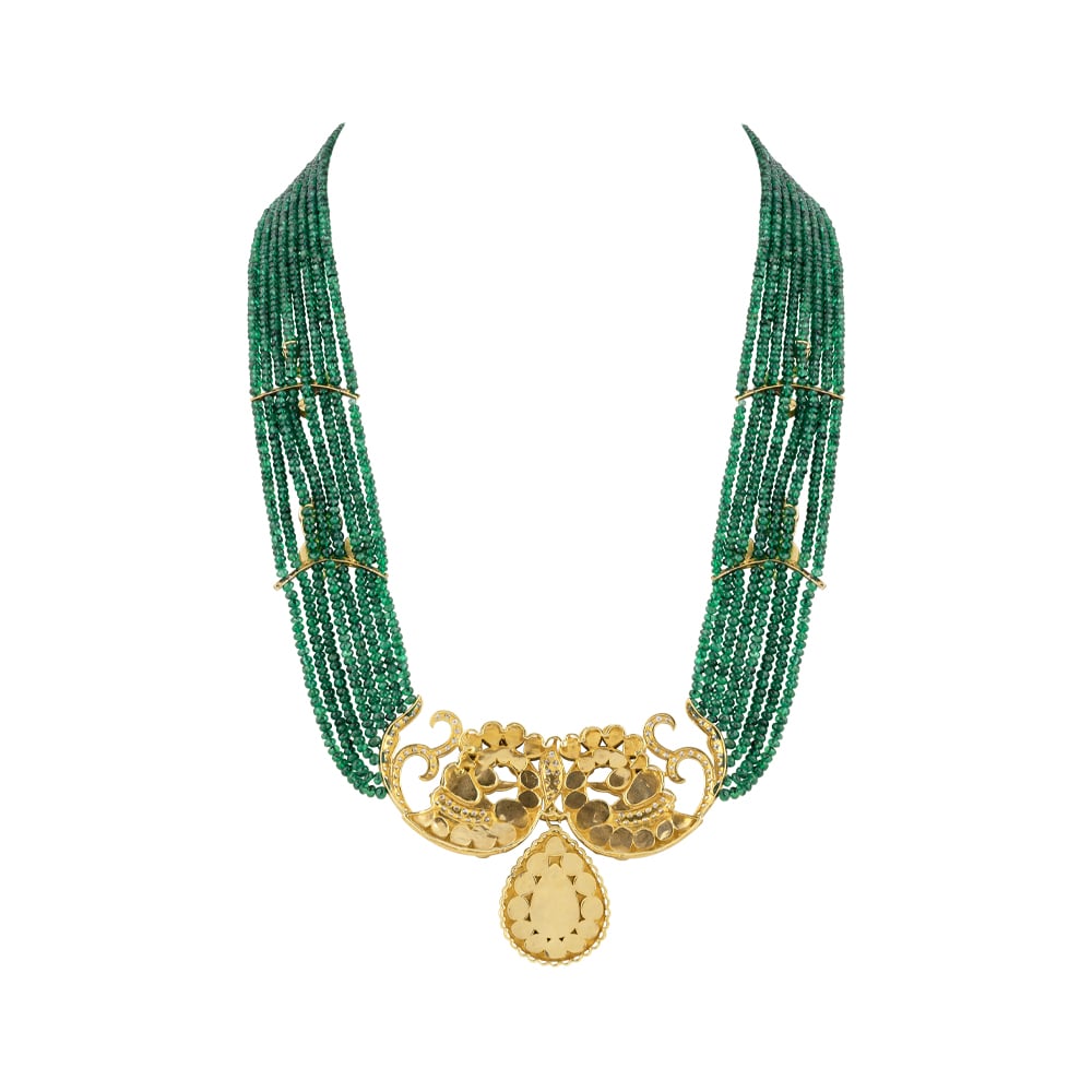 Layered Emerald Bead Necklace with Peacock Polki & Bud Motifs